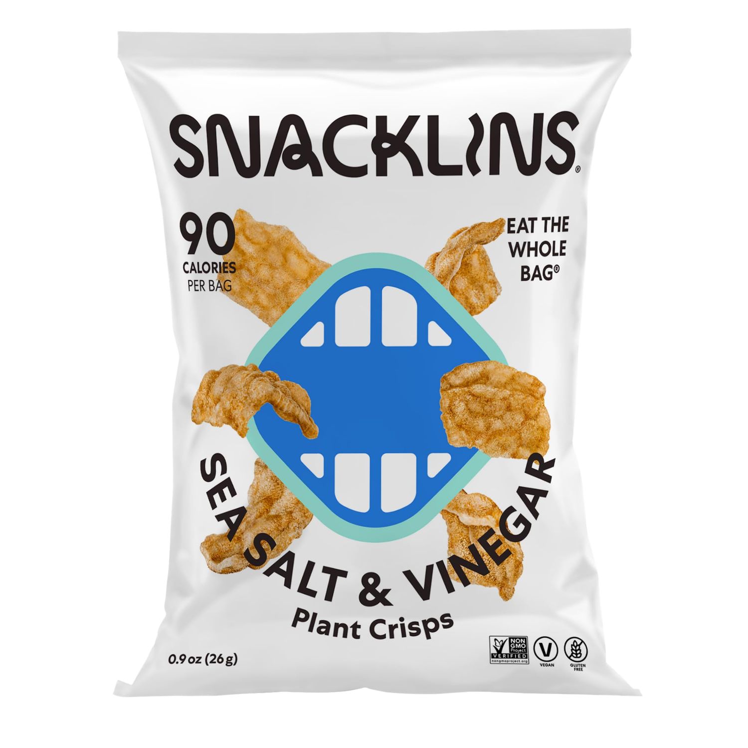 SNACKLINS Plant Based Crisps SEA SALT &amp; VINEGAR - Gluten Free, Grain Free, 100% Kosher, Vegan Healthy Snacks, Crunchy Puffed Snack, Only 100 Calories Per Bag - .9oz (Case of 12)