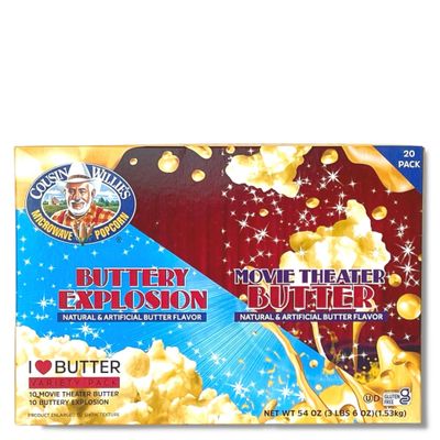 Cousin Willie&#39;s Microwave Popcorn Bags, Butter Lovers Value Pack (1 box, 20 Bags), Gourmet Popcorn Boxes for Party, Whole Grain Popcorn, Gluten Free, Low Calorie Healthy Snack, Made in USA, non-GMO