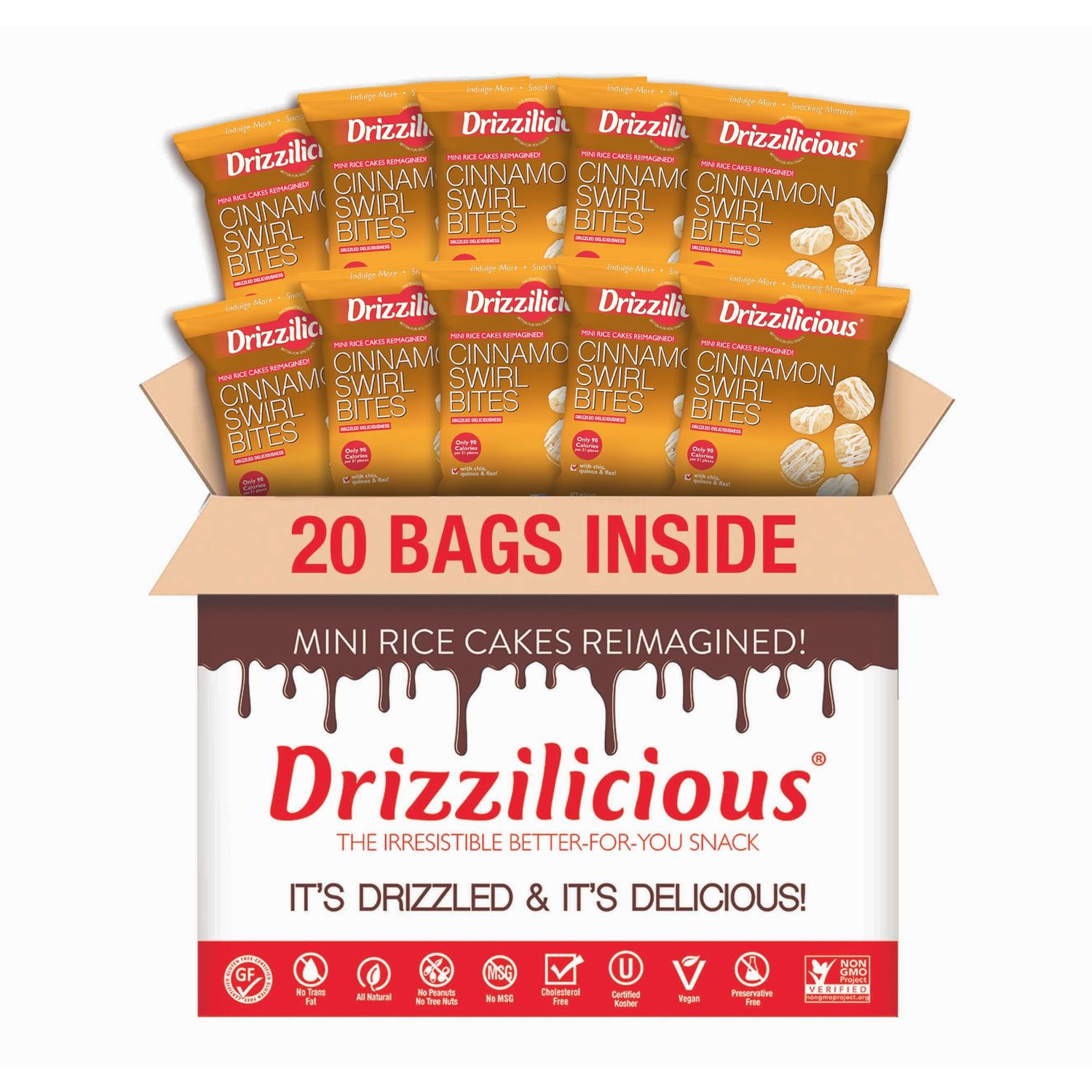 Drizzilicious Mini Rice Cakes Cinnamon Swirl - Rice Crisps, Healthy Snack for Adults and Kids, Flavored Rice Cakes, Vegan, Gluten Free, Allergen Free, Only 90 Calories Per Bag - 0.74 oz (Pack of 20)