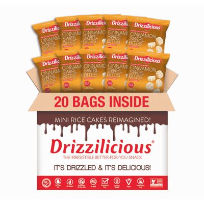 Drizzilicious Mini Rice Cakes Cinnamon Swirl - Rice Crisps, Healthy Snack for Adults and Kids, Flavored Rice Cakes, Vegan, Gluten Free, Allergen Free, Only 90 Calories Per Bag - 0.74 oz (Pack of 20)