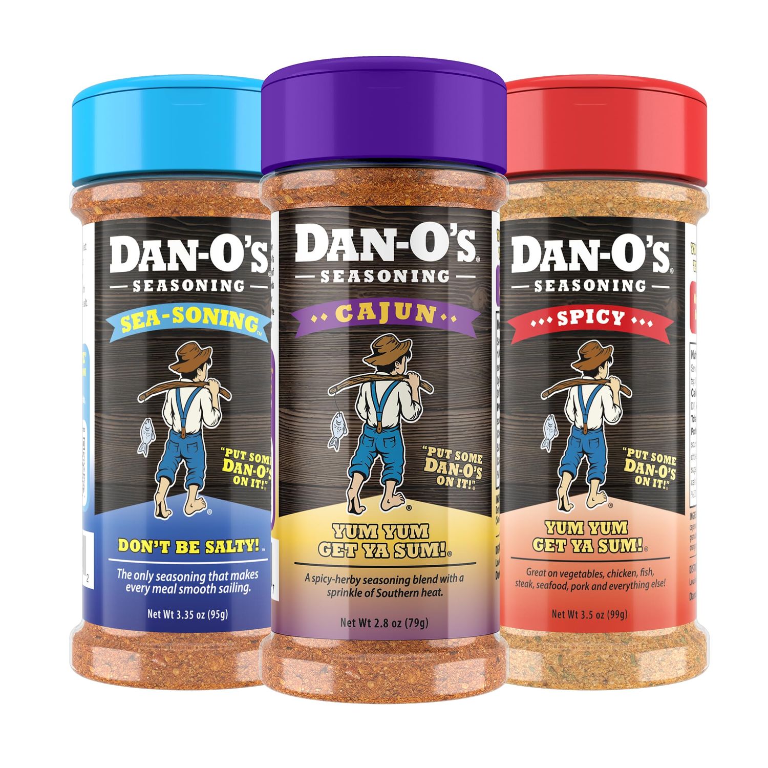 Dan-O&#39;s Seasoning - Seasoning for Cooking &amp; Grilling Anything - meat, vegetables, snacks, popcorn seasoning - Small bottle 3 Pack  Spicy, SEA-soning &amp; Cajun