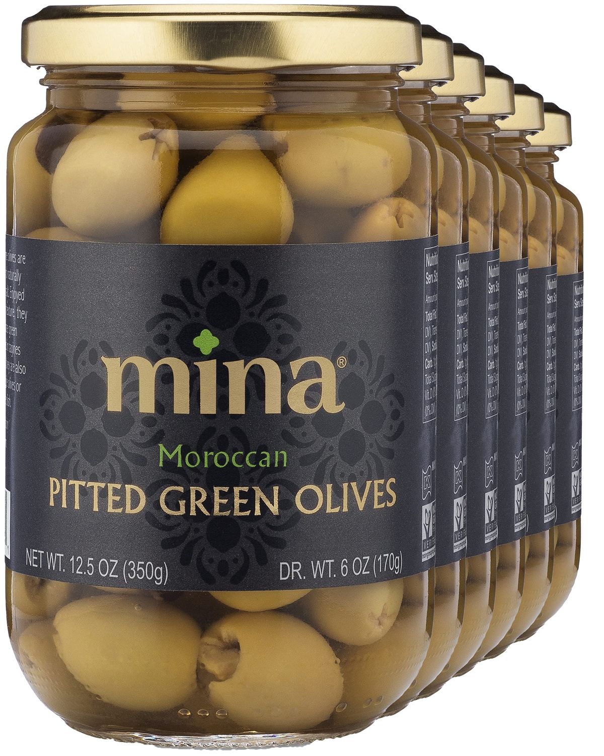 Mina Green Olives Pitted, 12.5 oz (Pack of 6) - Delicious Pitted Green Olives, Keto and Paleo Snack, Premium Hand Picked Olives, Naturally Cured, Gluten Free, Low Carb, Vegan, Non GMO and Kosher