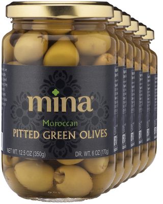 Mina Green Olives Pitted, 12.5 oz (Pack of 6) - Delicious Pitted Green Olives, Keto and Paleo Snack, Premium Hand Picked Olives, Naturally Cured, Gluten Free, Low Carb, Vegan, Non GMO and Kosher