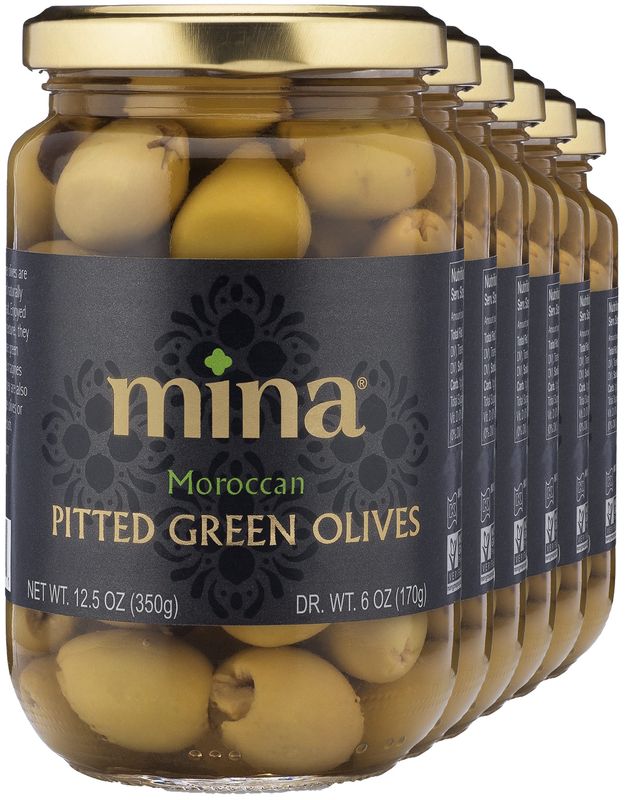 Mina Green Olives Pitted, 12.5 oz (Pack of 6) - Delicious Pitted Green Olives, Keto and Paleo Snack, Premium Hand Picked Olives, Naturally Cured, Gluten Free, Low Carb, Vegan, Non GMO and Kosher