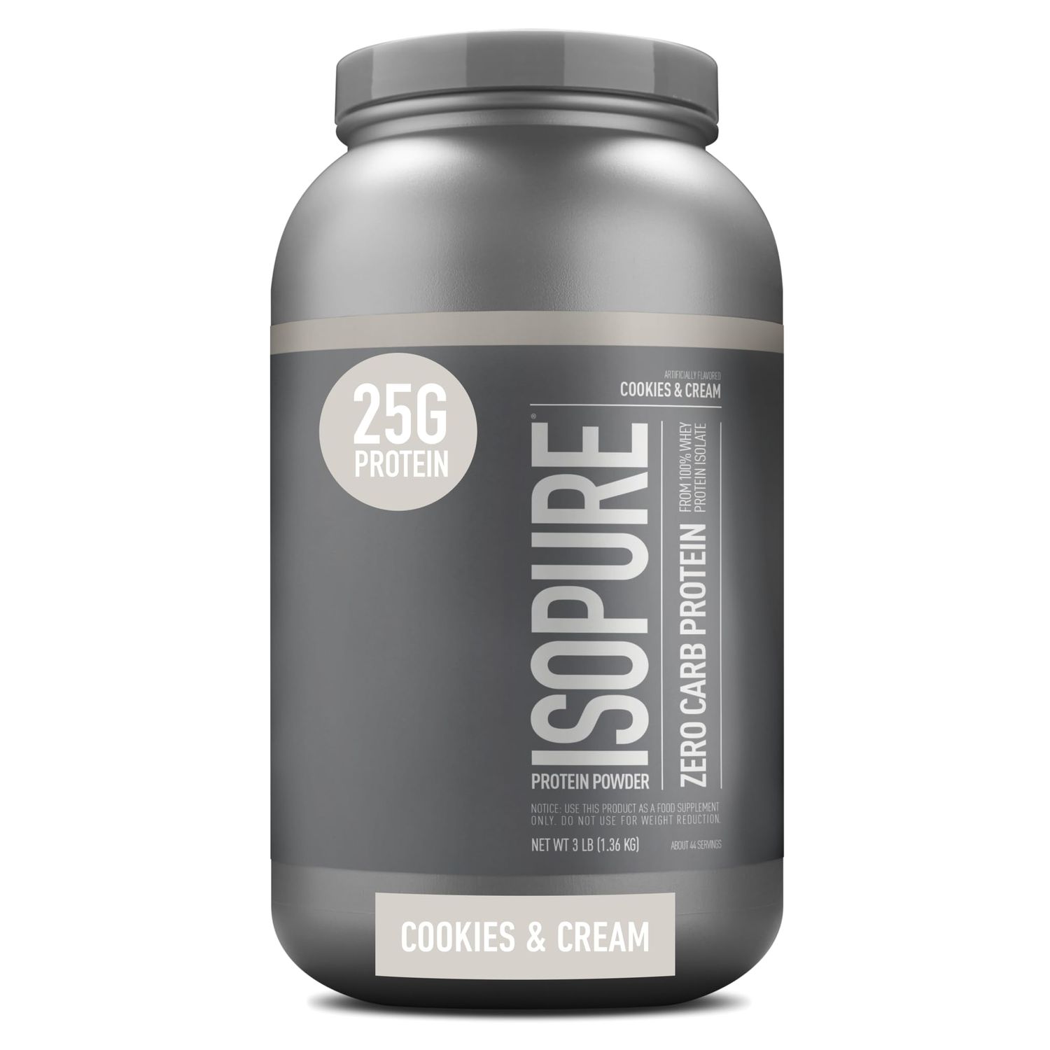 Isopure Zero Carb 100% Pure Whey Isolate Protein Powder, Lactose Free, Gluten Free, With Vitamins, Cookies &amp; Cream, 25g Protein Per Serving, 3 Lbs, 44 Servings
