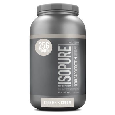 Isopure Zero Carb 100% Pure Whey Isolate Protein Powder, Lactose Free, Gluten Free, With Vitamins, Cookies &amp; Cream, 25g Protein Per Serving, 3 Lbs, 44 Servings