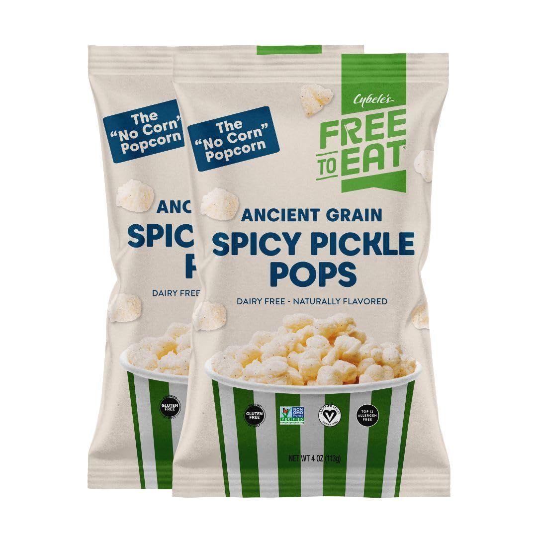 Cybele&#39;s Free-to-Eat Ancient Grain Pops - Healthy Snacks, All Natural, Gluten-Free, Vegan, No Preservatives or Additives (Spicy Pickle Pops 4oz, Pack of 2)