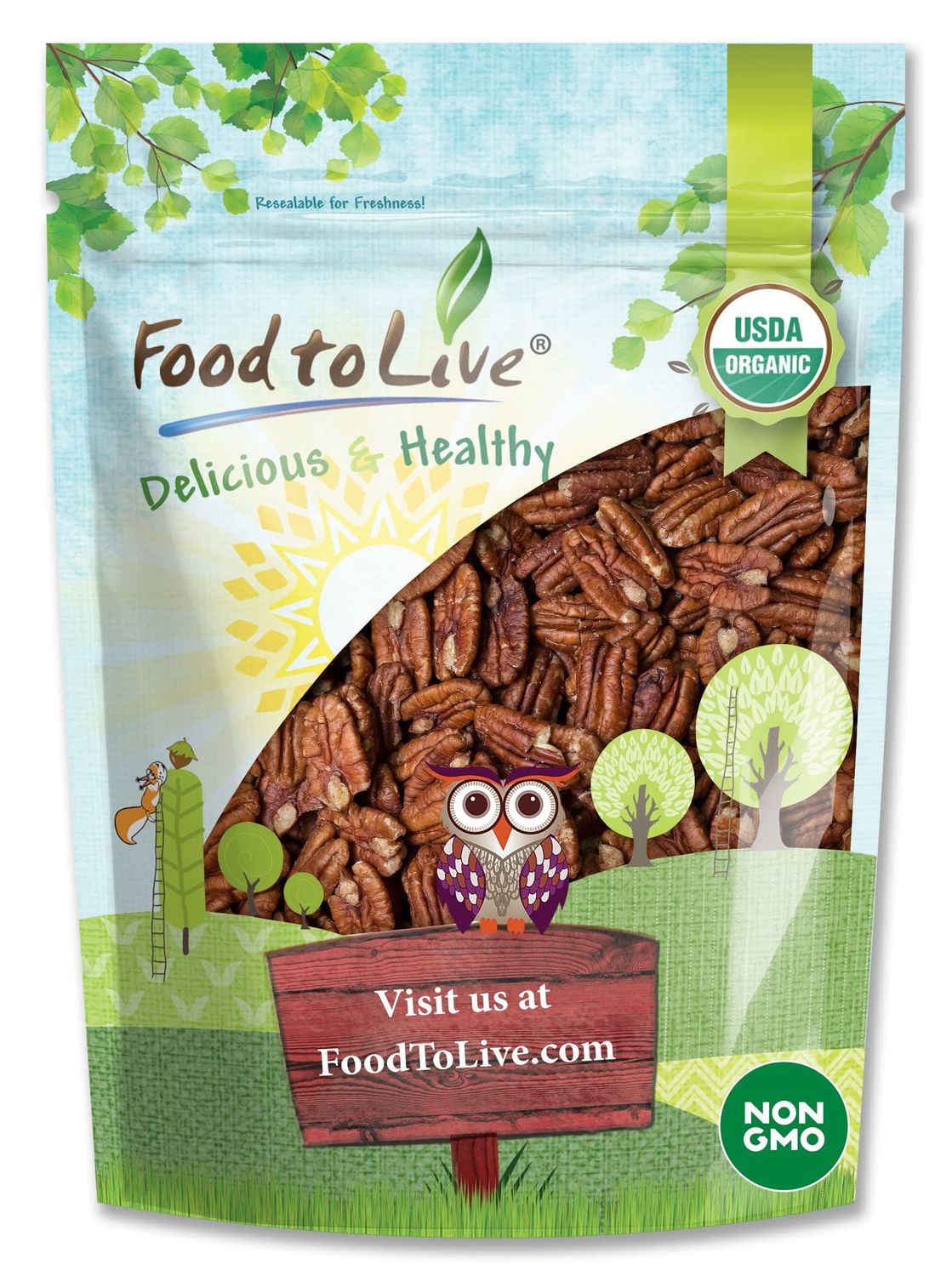 Food to Live Organic Dry Roasted Pecan Halves, 1 Pound - Non-GMO, Unsalted Nuts, Oven Roasted, No Oil Added, Vegan, Kosher, Shelled, Bulk. Good Source of Protein and Fiber. Great Keto-Friendly Snack