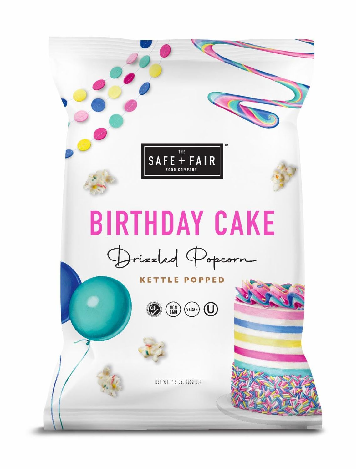 Safe  Fair Birthday Cake Drizzled Popcorn - Gluten-Free, Dairy Free and Vegan Snack - Free From Top 9 Allergens and Artificial Ingredients - Non GMO, Plant Based Kettle Popped Corn, 5.5 oz