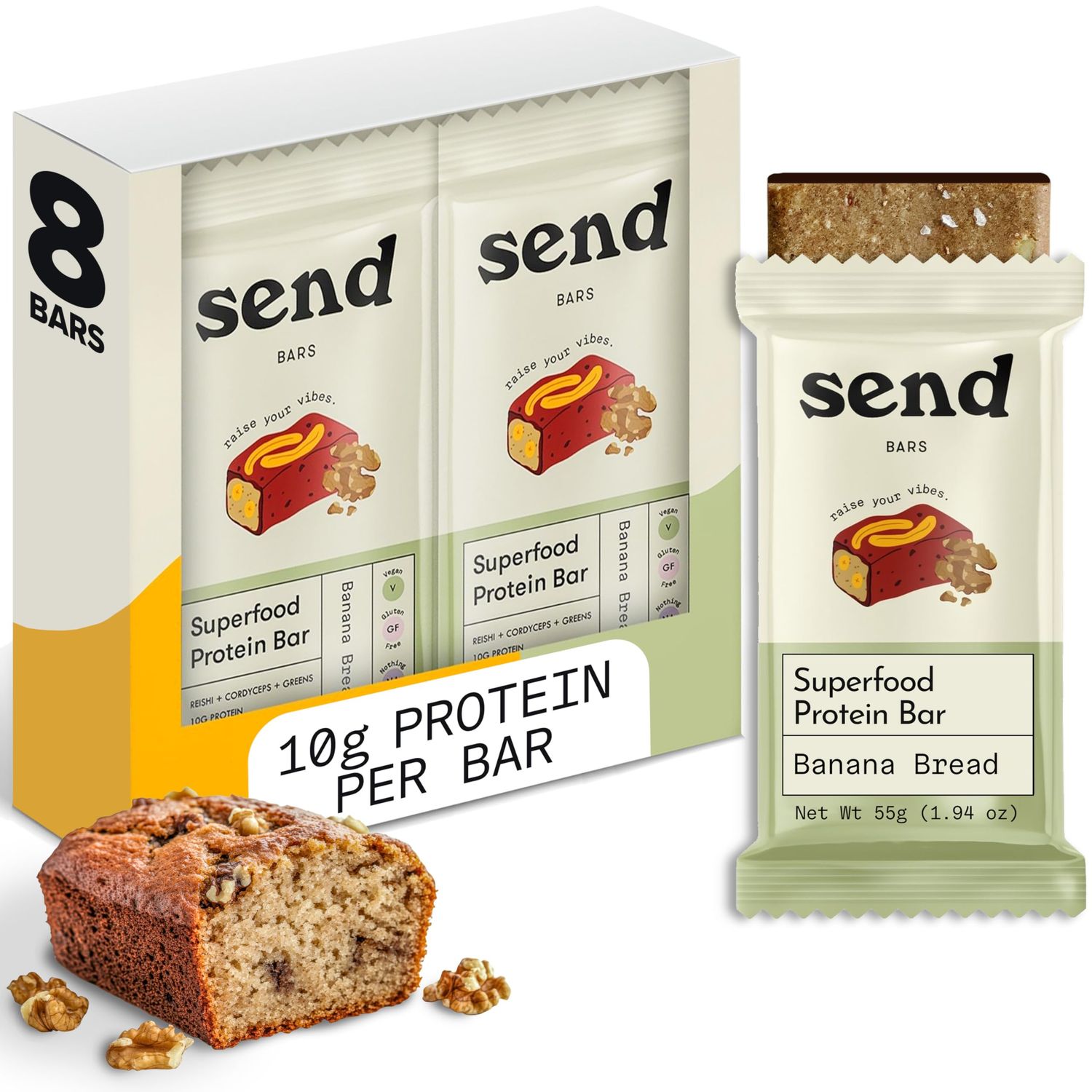 Send Bars Plant-Based Vegan Healthy Protein Bars, With Greens (Banana Bread, 8 Bars) - Increase Your Focus, Tolerance For Stress &amp; Physical Output With Organic Ingredients