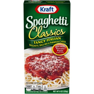 Kraft Spaghetti Classics Tangy Italian Easy Pasta Meal with Spaghetti, Spice Mix &amp; Parmesan Cheese, 8 oz Box