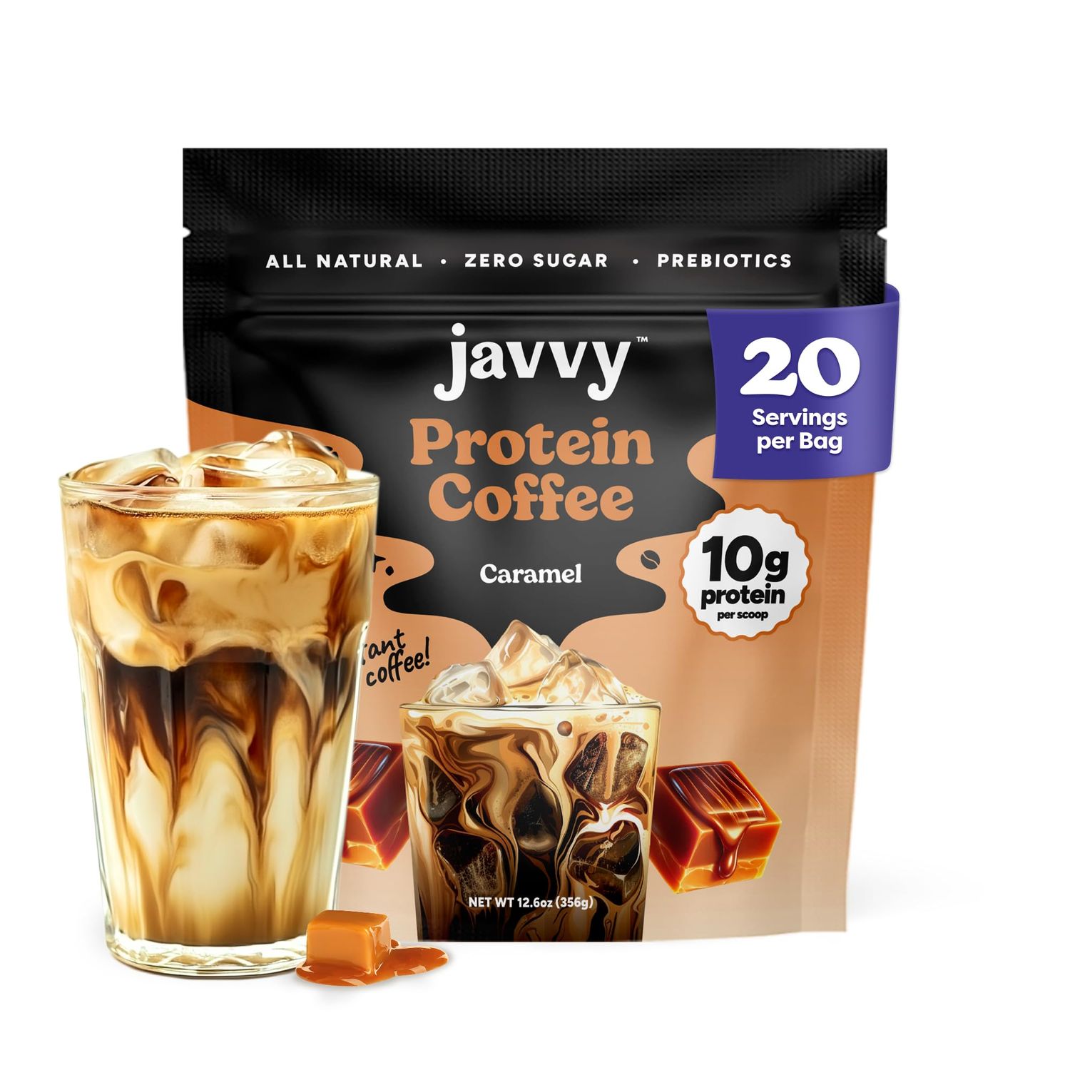 Javvy Caramel Protein Coffee - Premium Whey Protein &amp; Instant Iced Coffee - 100% Arabica Coffee - Zero Artificial Flavors &amp; Sweeteners, 20 Servings