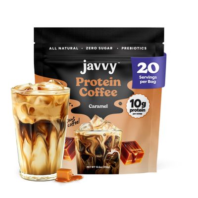 Javvy Caramel Protein Coffee - Premium Whey Protein &amp; Instant Iced Coffee - 100% Arabica Coffee - Zero Artificial Flavors &amp; Sweeteners, 20 Servings