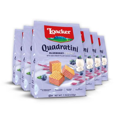 Loacker Quadratini Blueberry Yogurt Wafer Cookies LARGE - 30% Less Sugar - Premium Crispy Bite Size Wafers - LARGE Pack of 6