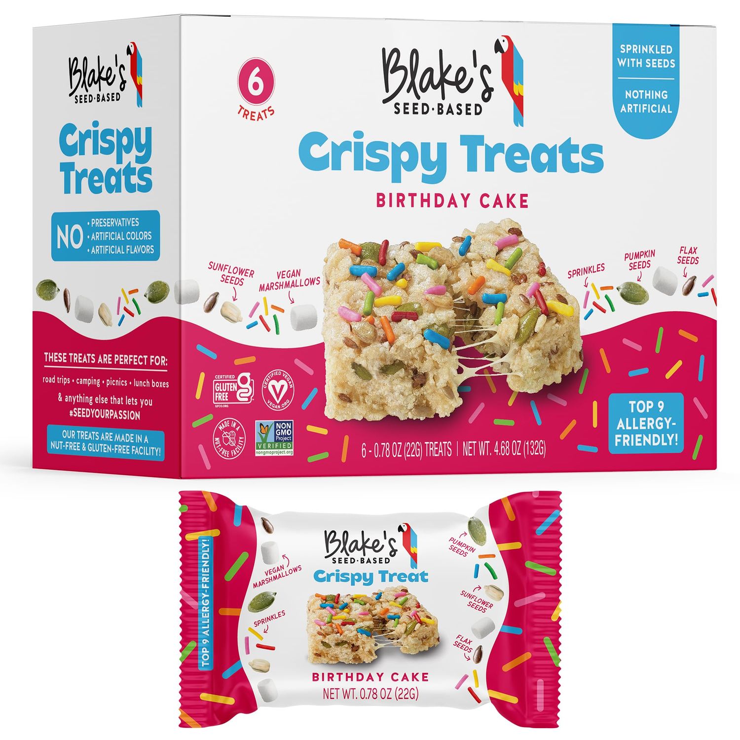 Blakes Seed Based Crispy Treats - Birthday Cake (6 Count), Nut Free, Gluten Free, Dairy Free &amp; Vegan, Healthy Snacks for Kids or Adults, School Safe, Low Calorie Organic Fruit Flavored Snack