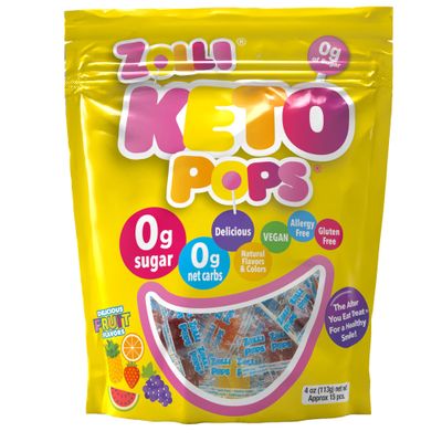 Zolli KETO Pops Sugar Free Lollipop Candy, Vegan, Gluten-Free, Diabetic-Friendly, 4oz Resealable Pouch