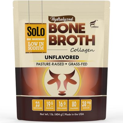 Solo Bone Broth Protein Collagen Powder Low Sodium, 16g Hydrolyzed Collagen Type I &amp; III, for Healthy Skin, Nails, Hair, Joints &amp; Digestion, Grass Fed, 1 lb (Bag - Net Wt. 1 lb. Powder)