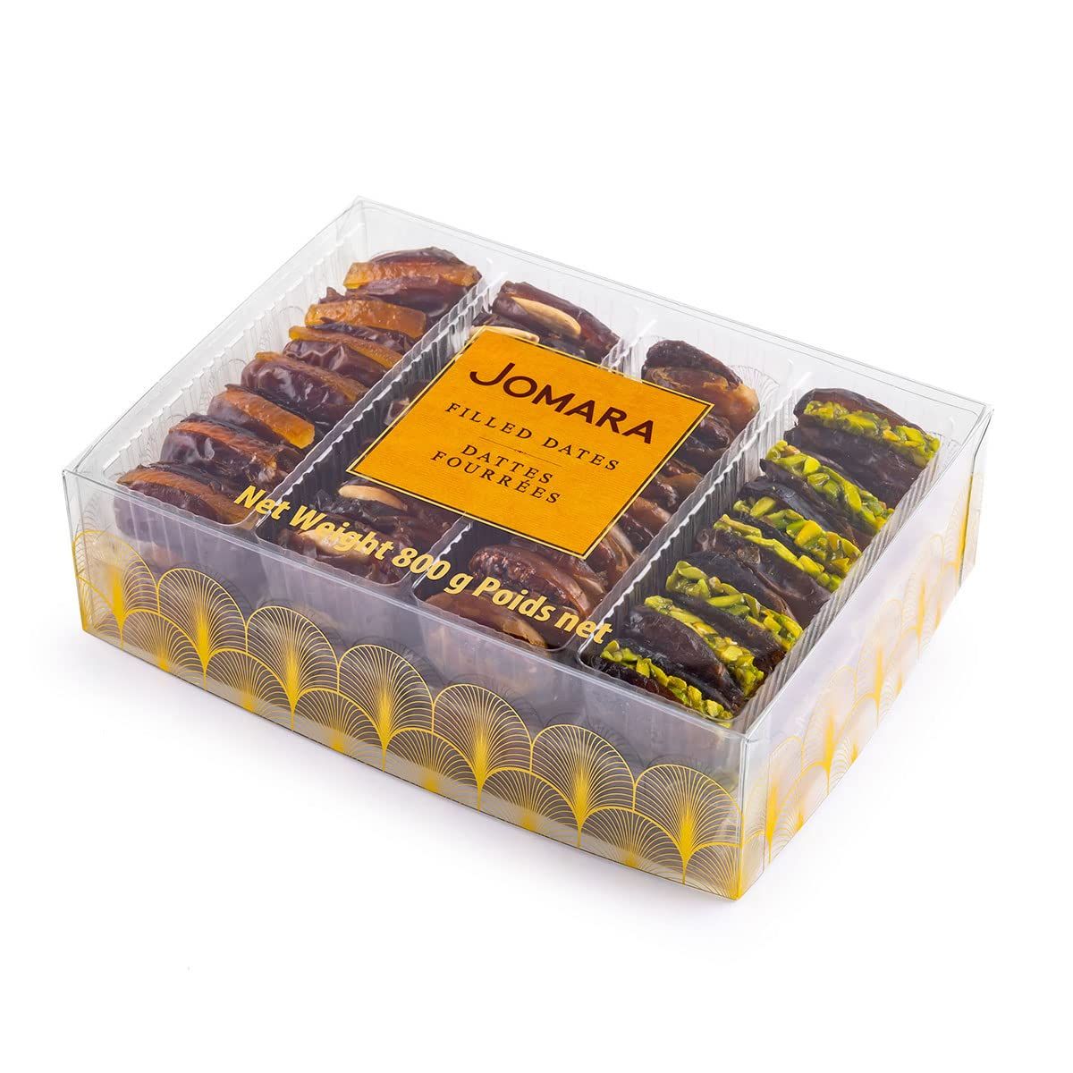 Jomara Premium Filled Dates Mix Pack 4 Flavors  28oz / 800g  Natural Dates filled with Orange Peel, Caramelized Pecan, Roasted Almond or Pistachio Healthy Dried Fruit for Snacking  Natural Source