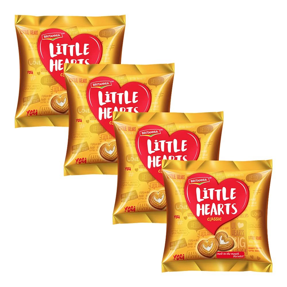 Britannia Little Hearts Biscuits 2.6oz (75g) - Soft and Delicious Biscuits - Kids Favorite Cookies (Pack of 4)