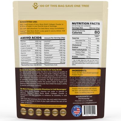 Solo Bone Broth Protein Collagen Powder Low Sodium, 16g Hydrolyzed Collagen Type I & III, for Healthy Skin, Nails, Hair, Joints & Digestion, Grass Fed, 1 lb (Bag - Net Wt. 1 lb. Powder)