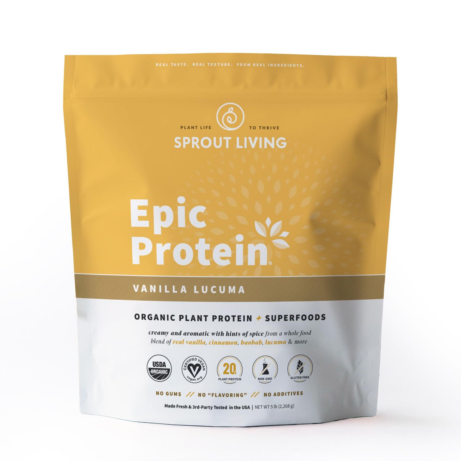 Sprout Living Epic Protein, Plant Based Protein &amp; Superfoods Powder, Vanilla Lucuma Powder  20 Grams Organic Protein Powder, Vegan, Non Dairy, Non-GMO, Gluten Free, Low Sugar (5 Pound, 60 Servings)