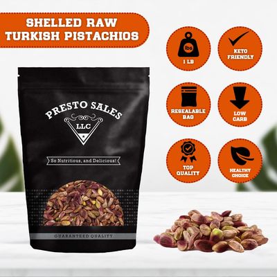 Presto Sales Pistachios Shelled Turkish Raw ANTEP 16 oz.  Premium quality and Nutrient-rich snack  Healthy, Natural, Vegan, Non-GMO  Resealable 1 lb. Pouch Bag