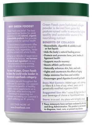 Green Foods Grass Fed Pasture Raised Hydrolyzed Collagen Peptides Protein Powder 7oz - 30 servings