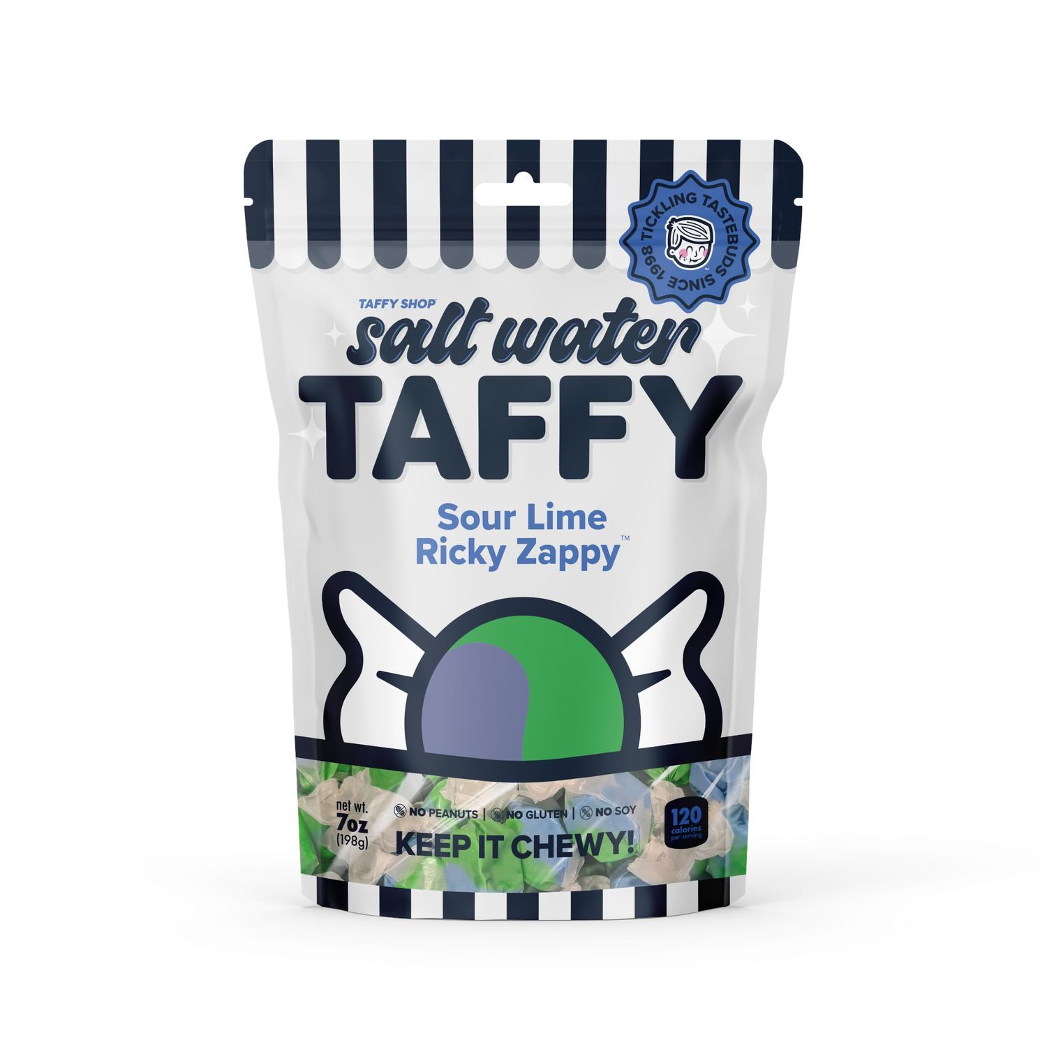 Taffy Shop Sour Lime Ricky Zappy Salt Water Taffy - Gourmet Soft Chewy Candy, Bulk Sweet Snack, Fresh Gift &amp; Gluten-Free, 140 Individually Wrapped Pieces (32oz)