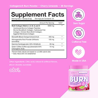 Obvi Collagenic Burn Powder  Collagen Peptide Blend with GBB, Ashwagandha &amp; Green Coffee  Boosts Metabolism, Energy, and Wellness  Supports Skin, Hair, Nails, Joints  Cherry Limeade 25 Servings