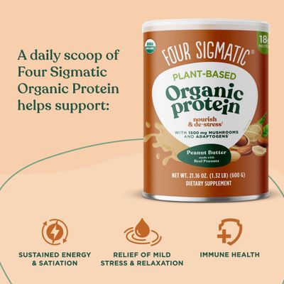 Four Sigmatic Organic Plant-Based Protein Powder Peanut Butter Protein with Lions Mane, Chaga, Cordyceps and More Clean Vegan Protein Elevated for Brain Function and Immune Support 21.16 oz