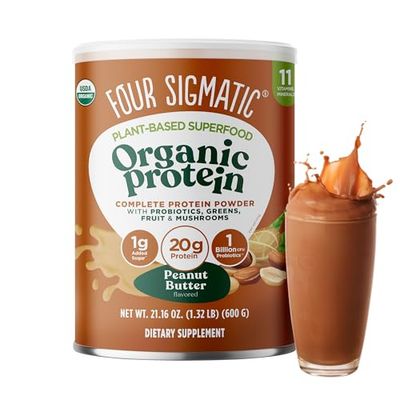 Four Sigmatic Organic Plant-Based Protein Powder Peanut Butter Protein with Lions Mane, Chaga, Cordyceps and More  Clean Vegan Protein Elevated for Brain Function and Immune Support  21.16 oz