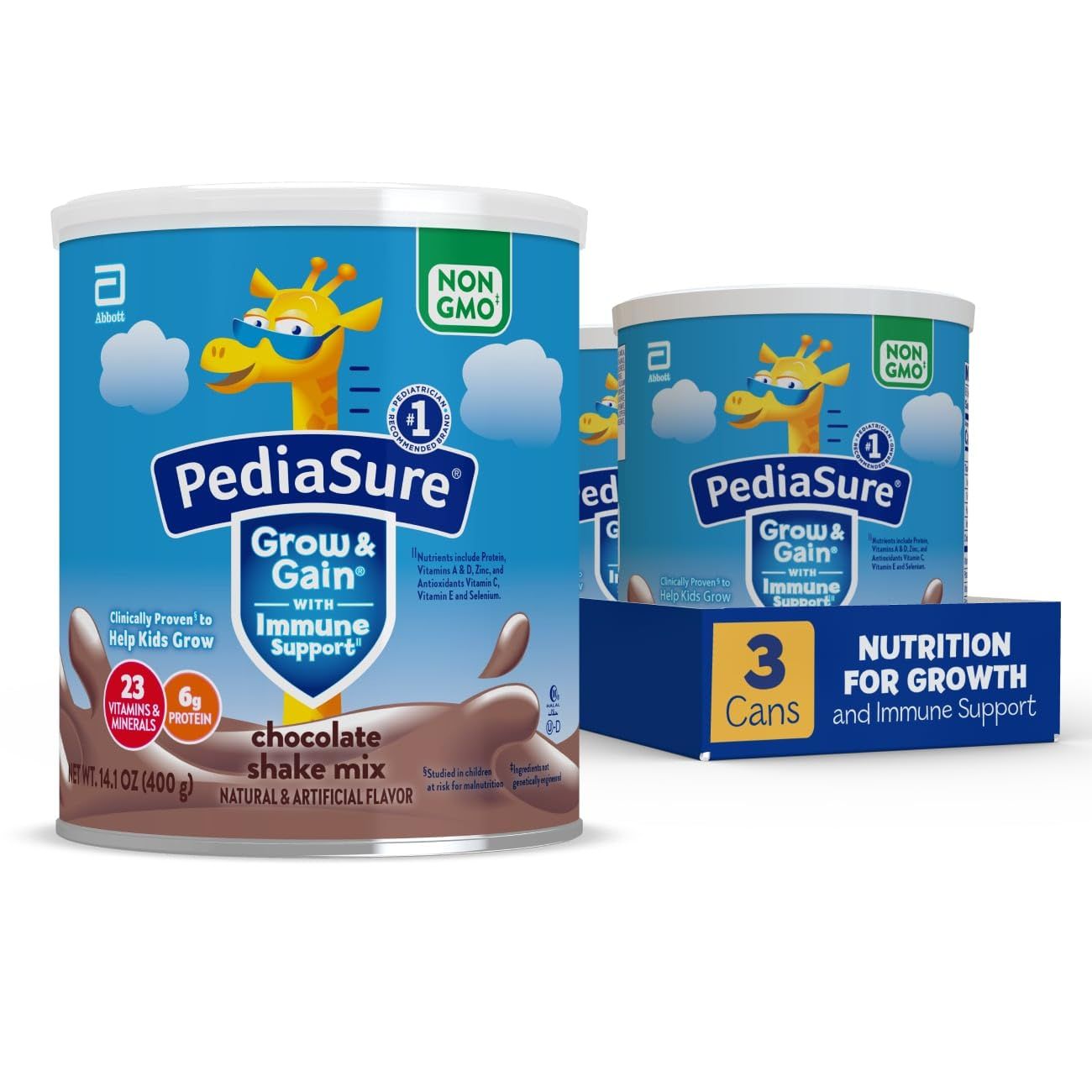 PediaSure Grow &amp; Gain With Immune Support Shake Mix Powder, Kids Protein Shake, Chocolate, 14.1 oz Can, Pack of 3-24 Servings