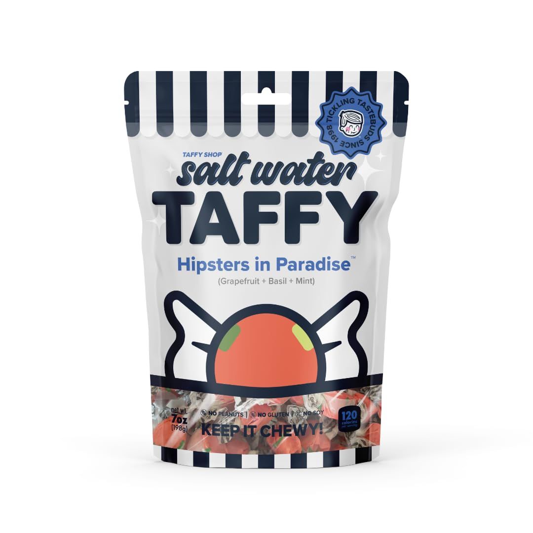 Taffy Shop Hipsters in Paradise, Grapefruit Basil Mint Salt Water Taffy - Gourmet Soft Chewy Candy, Bulk Sweet Snack, Fresh Gift &amp; Gluten-Free, 140 Individually Wrapped Pieces (32oz)