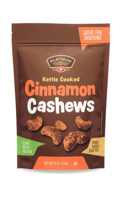 Platinum Kettle Cooked Cinnamon Cashews - Plant Based Protein, Fiber, Healthy Snack - Sweet &amp; Spicy Flavors - Can Bring at Home, Work, Office, Gym &amp; School - 13 oz Individual &amp; Resealable Pouch