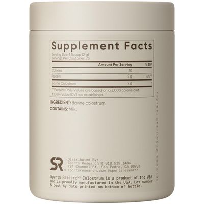 Sports Research Bovine Colostrum Powder - Easy to Mix, Single Ingredient Superfood - Immunity Support &amp; Gut Health w/IgG Antibodies - U.S. Sourced  Non-GMO  Gluten Free - 75 Servings (Unflavored)
