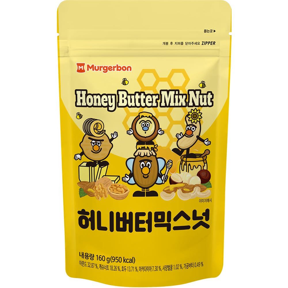 Official MURGERBON Honey Butter Mix Nuts, High Protein, Resealable Zip Pouch, Snack for Kids, School, Office (1x5.6 oz)