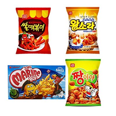 Journey of Asia &quot;Seri&#39;s Choice KOREAN 4 Snack&quot; Spicy Hot Rice Topokki, Jjangiya, Shell shape Snack, Marine Boy Treats for Kids, Children, College Students, Adult and Senior