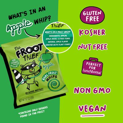 The FROOT Thief Real Fruit Snack Whips, Apple, Nut Free, Perfect for School Lunches and Snacks, Individual Bags Kids Snacks, 5 Pack