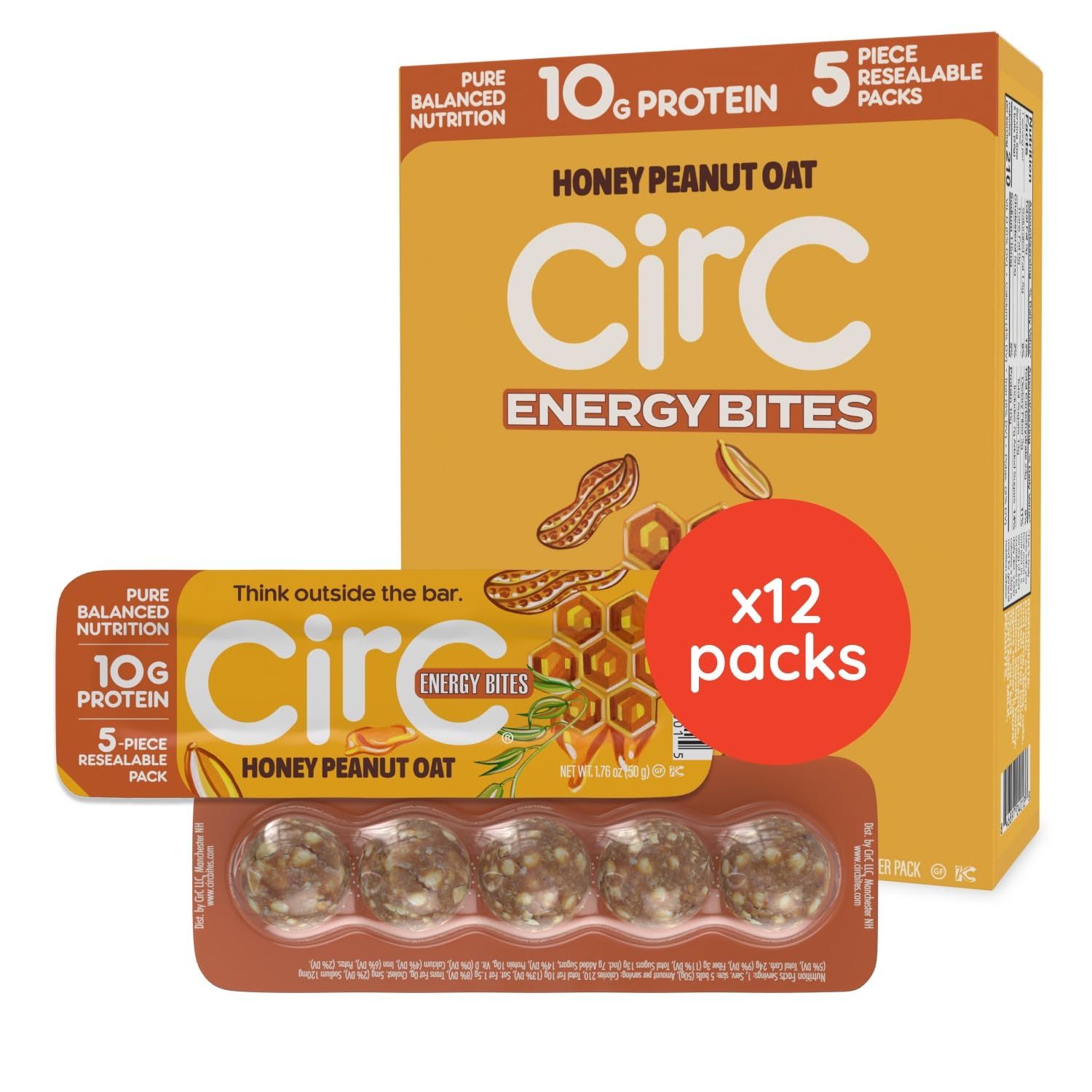 CirC Energy Bites - 12 Pack Honey Peanut Oat Gluten Free Protein Balls - 10g Protein, Whole Grains, Nuts &amp; Fruit - Portable Healthy Snacks for Adults &amp; Kids, 5 Piece Resealable Packs