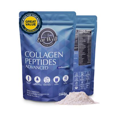 EAT WELL PREMIUM FOODS Collagen Peptides Powder Protein 45 Servings, 16oz, Collagen for Skin, Bone and Joint Support, Type I &amp; III Grass Fed Collagen Supplements for Women and Men, Keto, Amino Acids