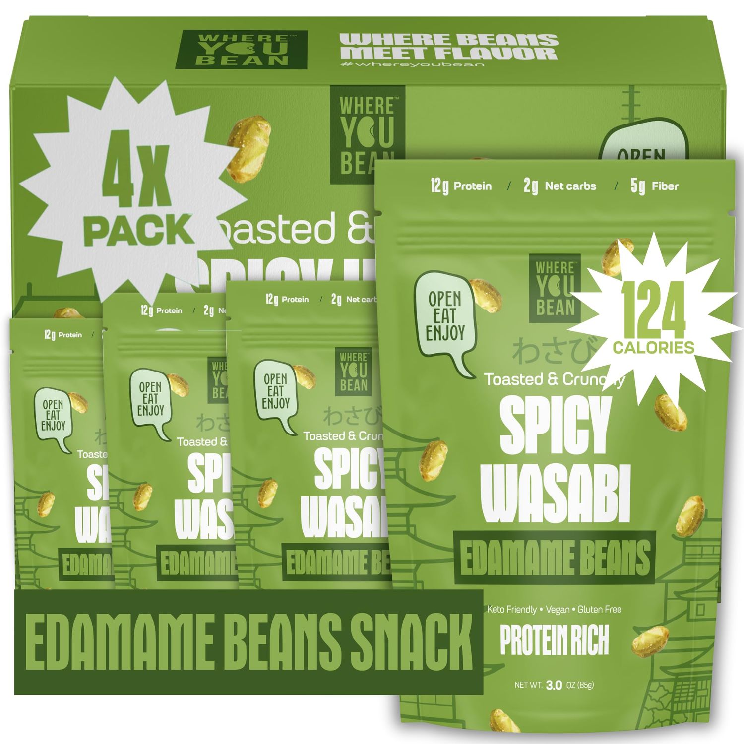 Where You Bean Edamame Beans Snack (Spicy Wasabi) - Crunchy and Dry Roasted Edamame Beans - High Protein Snacks, Keto and Vegan Healthy Snacks for Adults &amp; Low Carb Asian Snack 3 oz (Pack of 4)