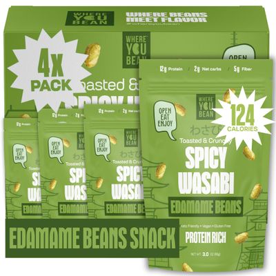 Where You Bean Edamame Beans Snack (Spicy Wasabi) - Crunchy and Dry Roasted Edamame Beans - High Protein Snacks, Keto and Vegan Healthy Snacks for Adults &amp; Low Carb Asian Snack 3 oz (Pack of 4)