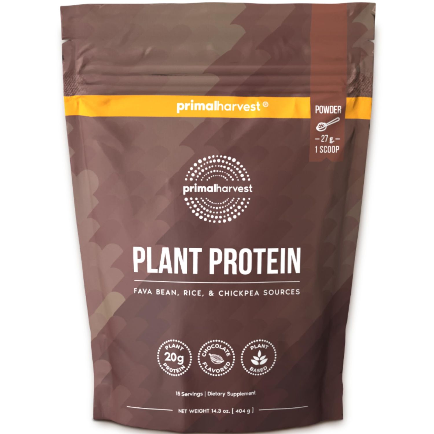Primal Harvest Vegan Protein Powder for Nutritional Weight Support 20g Plant-Based Protein Per Serving from Fava Beans Chickpeas &amp; Rice Chocolate Flavor 405g Gluten-Free Soy-Free No Added Sugar
