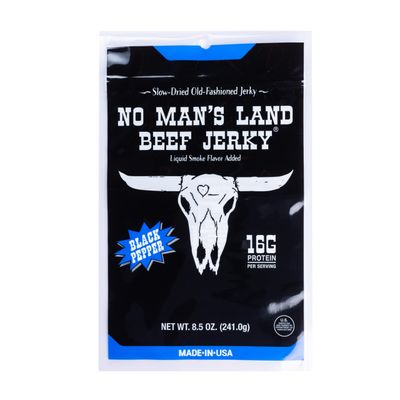 No Mans Land BLACK PEPPER Beef Jerky High Protein Free Low Calorie Low Carb Beef Snack 8.5oz Bag