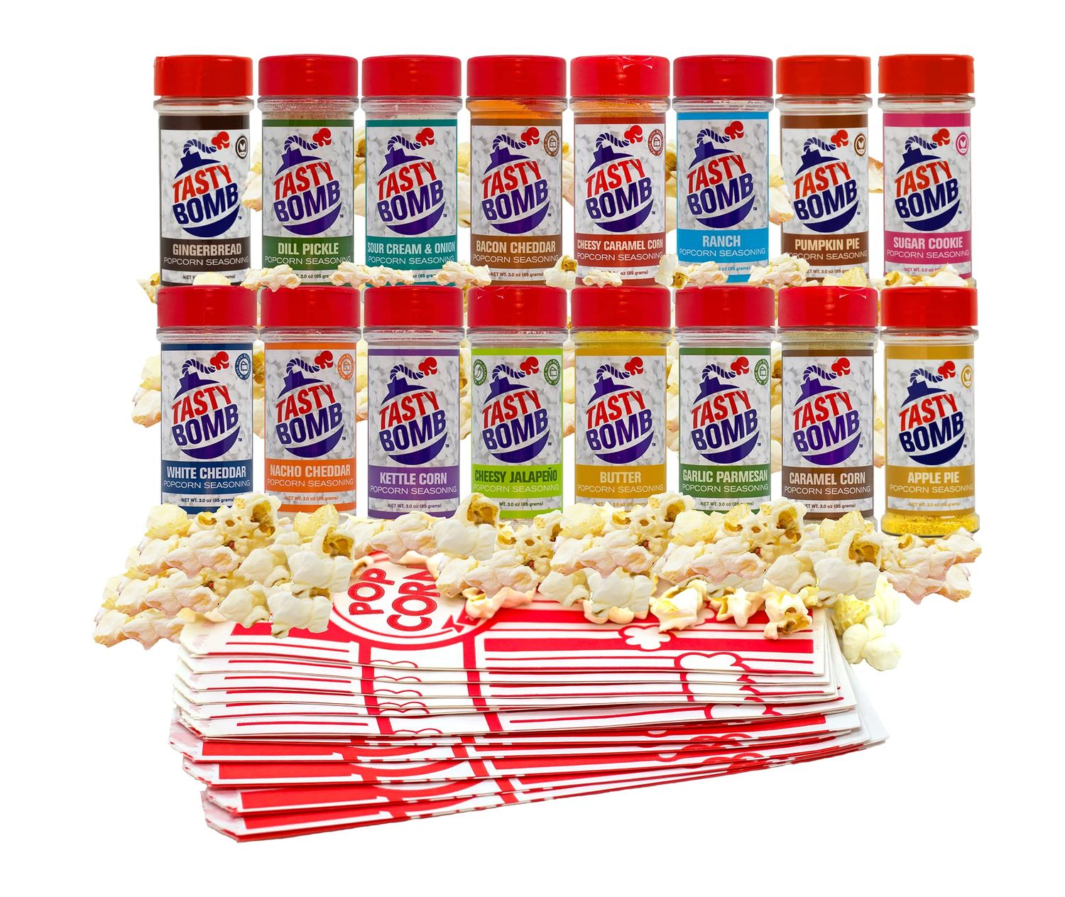 Flavorful Popcorn Seasoning Variety Pack - Seasonings in White Cheddar Cheese, Ranch, Sour Cream, &amp; More - Gluten-Free Keto Snack for Movie Nights &amp; Gifts by Tasty Bomb, 2.8-3 Oz (Variety Pack 16)