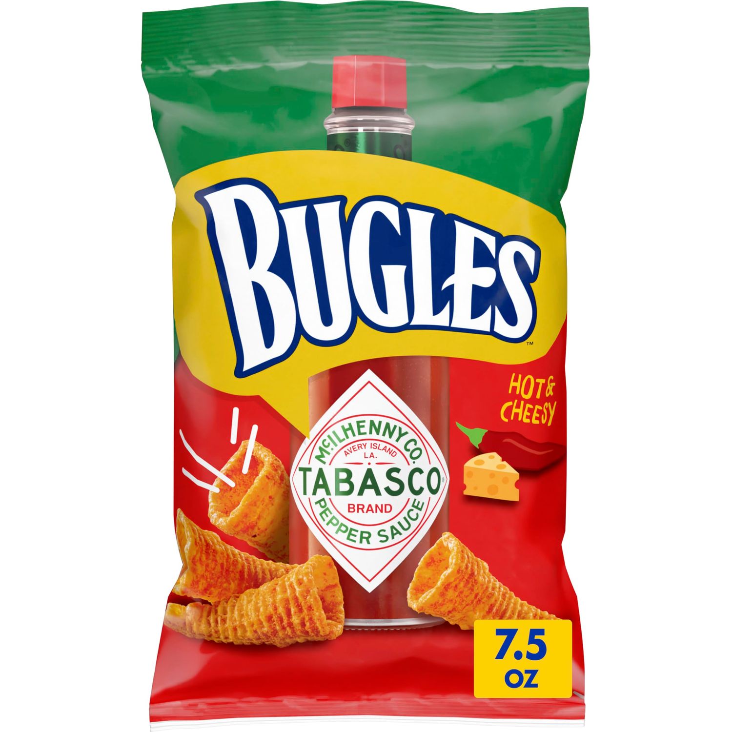 Bugles Tabasco Flavored Crispy Corn Snacks, Hot and Cheesy, 7.5 oz