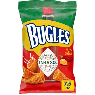 Bugles Tabasco Flavored Crispy Corn Snacks, Hot and Cheesy, 7.5 oz