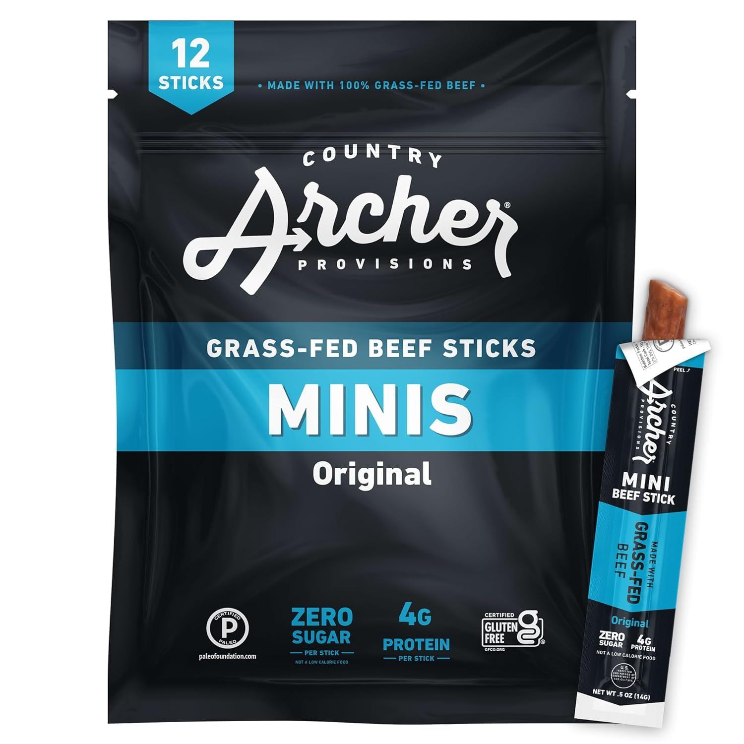 Country Archer Mini Beef Jerky Sticks - Grass Fed Beef Sticks Individually Wrapped, Mini Beef Sticks Bulk, Beef Jerky Snack Packs, Gluten Free, Paleo, Keto - .5 oz Meat Sticks (Pack of 12)