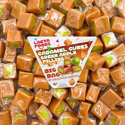 Caramel Cubes Candy  1 Pound Bag - Approx. 75 Count  Green Apple Filling  Individually Wrapped