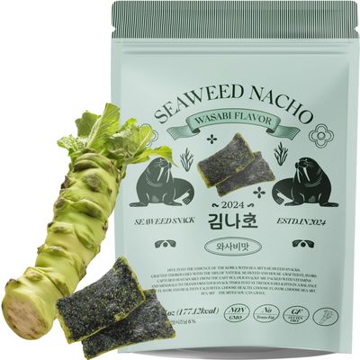 Korean Food SEAART Wasabi Flavored Seaweed Snacks - 40g (1.41oz) Zipper Pack - Bold Wasabi Kick, Crispy &amp; All-Natural, Vegan Fusion Gourmet Sea Vegetable Treat, ,